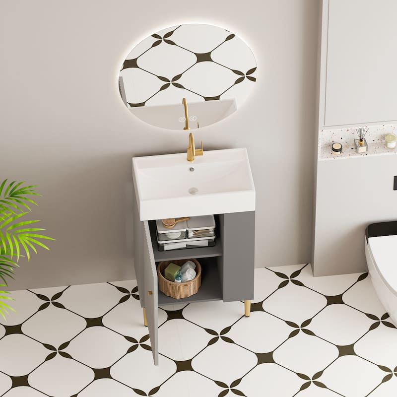 Open-shelving Bathroom Vanity with Ceramic Sink and Soft-Closing Door, Cloakroom Open Shelf Storage Cabinet on the Left Side