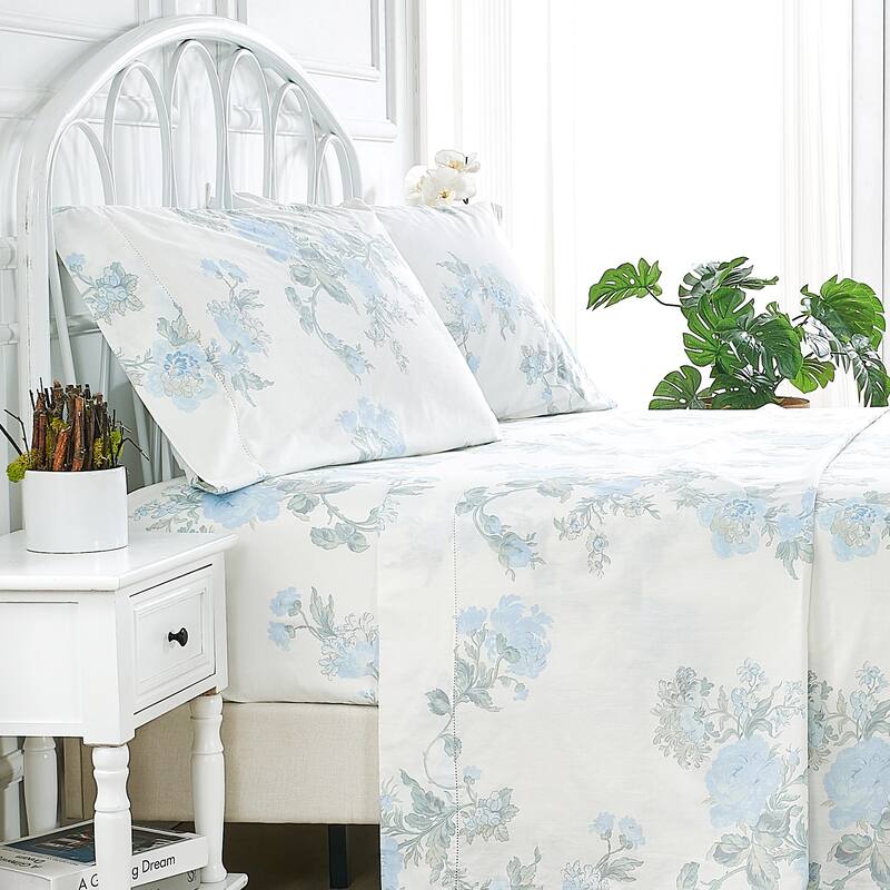 Printed Prewashed Cotton Blue Collection (Individual Set Sell Separately) - Blue Big Floral Sheet Set - Queen - 4 Piece