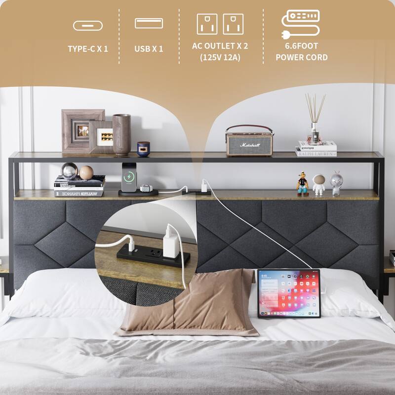 Queen Bed Frame LED Heavy Duty Metal Bed Frame with USB Port, Power Outlet, Upholstered Headboard and Bedside Shelf