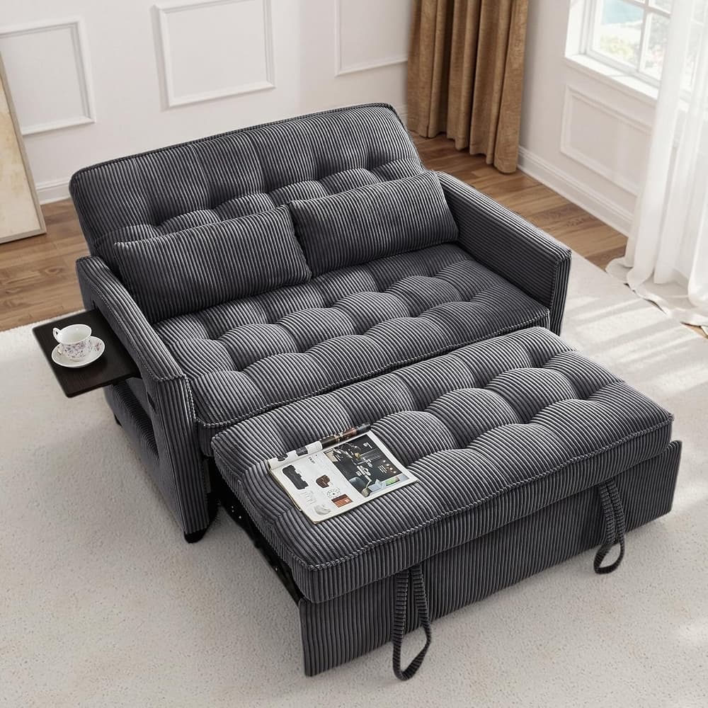 Sleeper Sofa Bed, 52" Convertible Pull Out Couch with Small Table,USB Port,Side Pockets,Corduroy Fabric,Adjustable Backrest