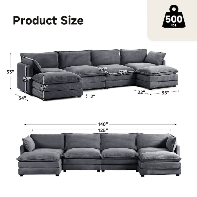 Oversized Modular Corduroy Sectional Sofa Set with Ottoman, 3-Seater / 4-Seater Deep Seat Lounge Couch for Living Room