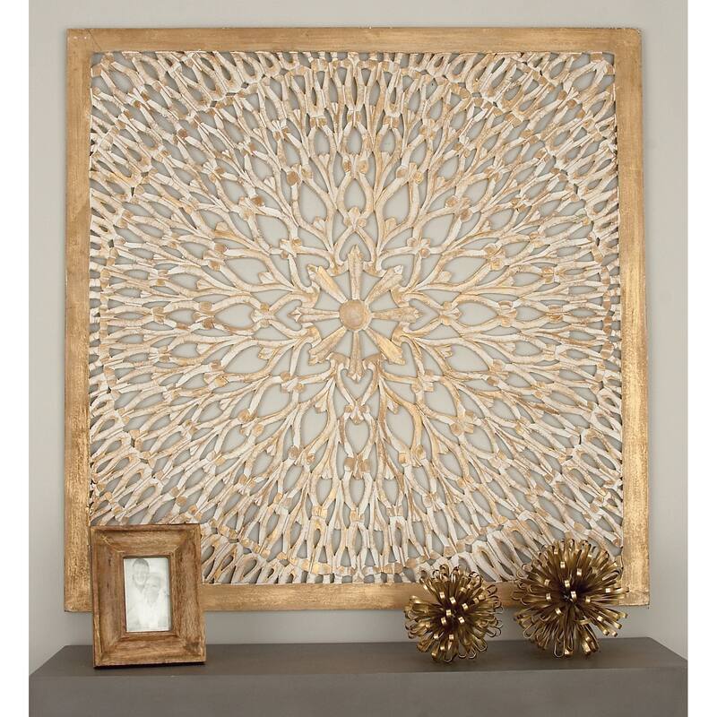 Light Brown Wood Handmade Intricately Carved Floral Home Wall Decor with Mandala Design