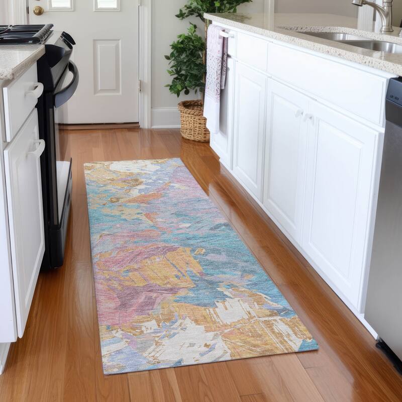 Premium Washable Super Soft Modern Brushstrokes Mayfield Rug - Teal - 2'3" x 7'6"