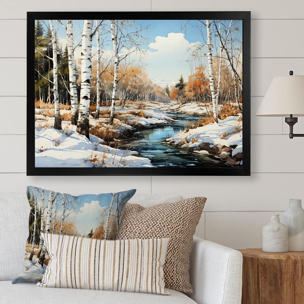 Designart "Birch Woods Winter Whispers III" Tree Birch Framed Wall Art Living Room