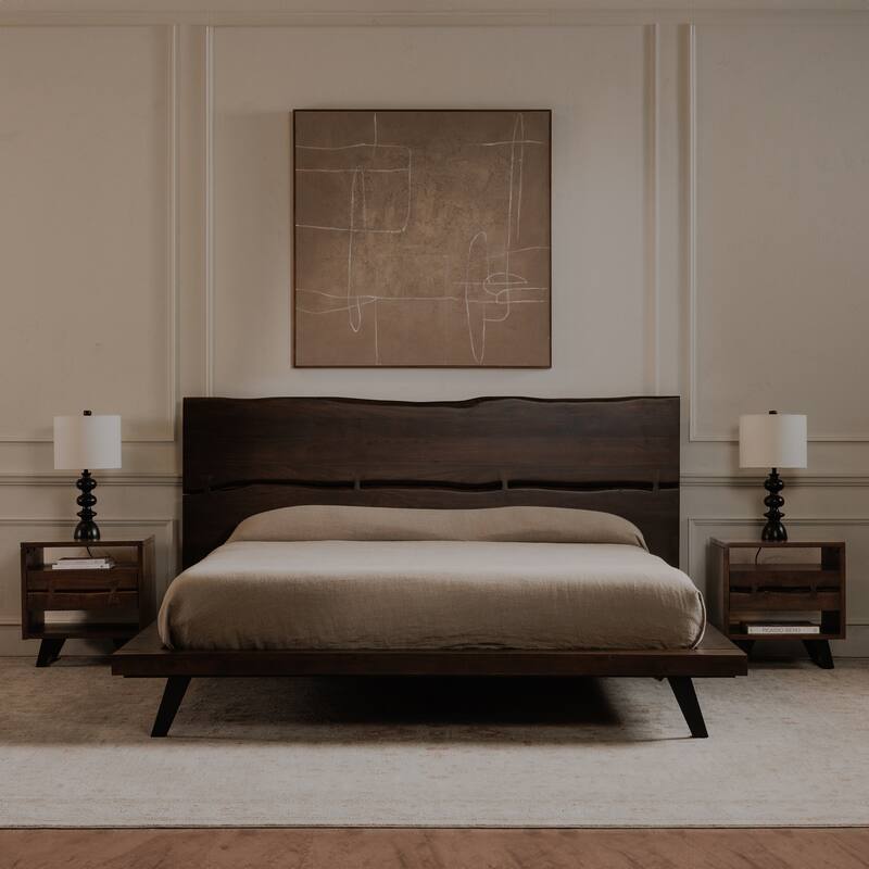 NADAAL STUDIOS Sterling Brown Solid Acacia Queen Platform Bed with Organic Edge Headboard and Steel Legs