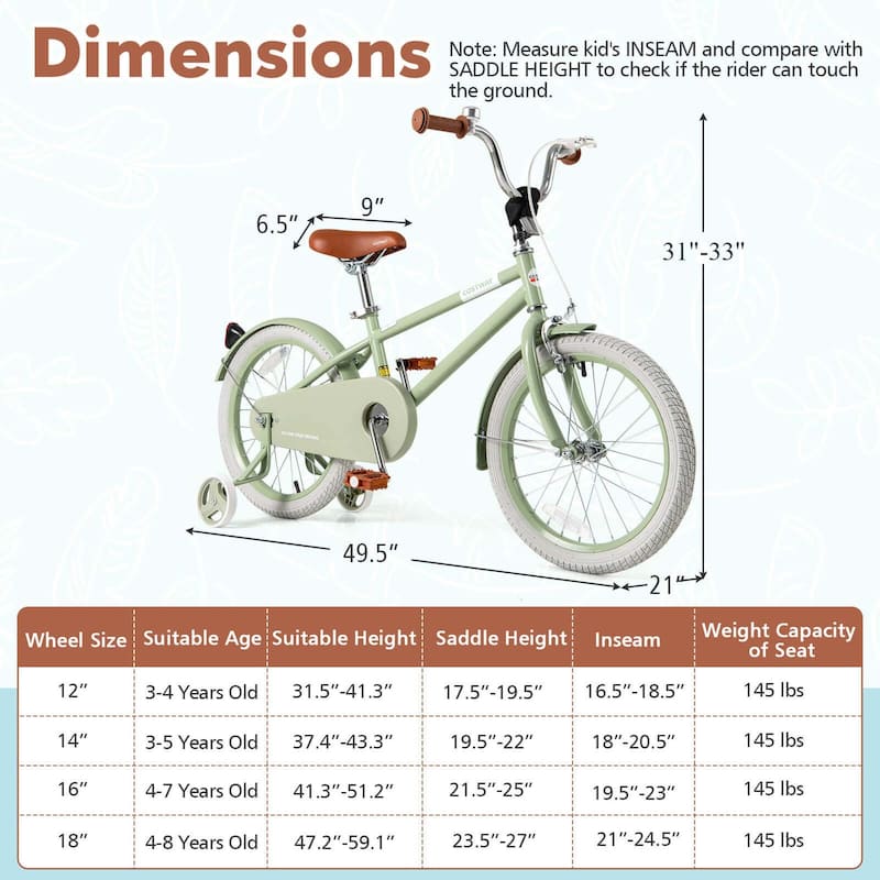 Costway 18" Kids Bike with Adjustable Saddle Handlebar Removable - See Details