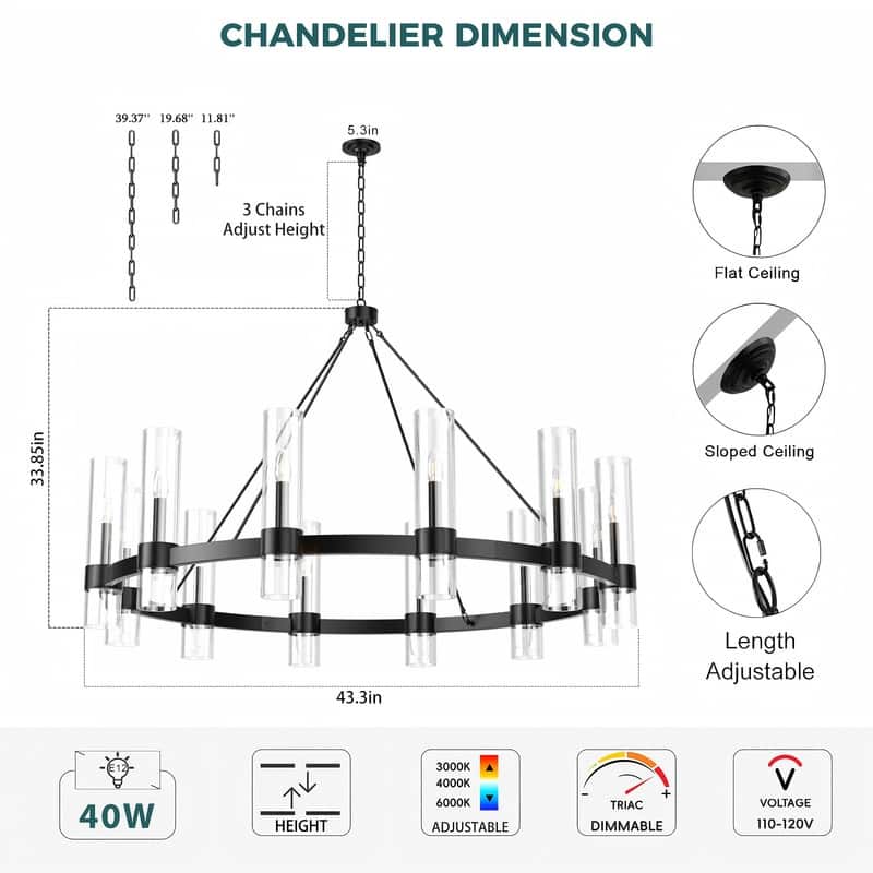 Black Wagon Wheel Chandelier with Glass Shades Adjustable Farmhouse Pendant Light for High Ceilings