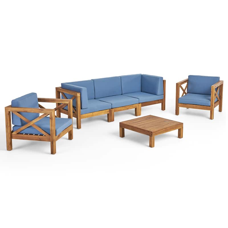 Brava Outdoor Acacia Wood 6-piece Chat Set by Christopher Knight Home - Teak Finish, Blue