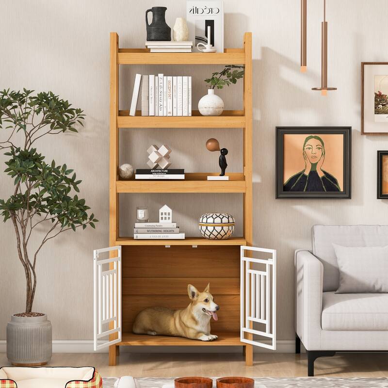 Furniture Style Dog Crate w/Ladder Bookcase，Dog Crate Furniture with Storage Shelves