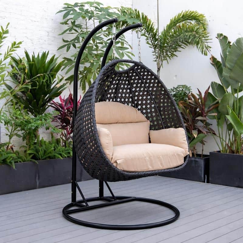 Double Egg Chair - Charcoal Wicker Swing with Breathable Cushions - 2-Person Outdoor Hammock with Rust-Resistant Iron Frame