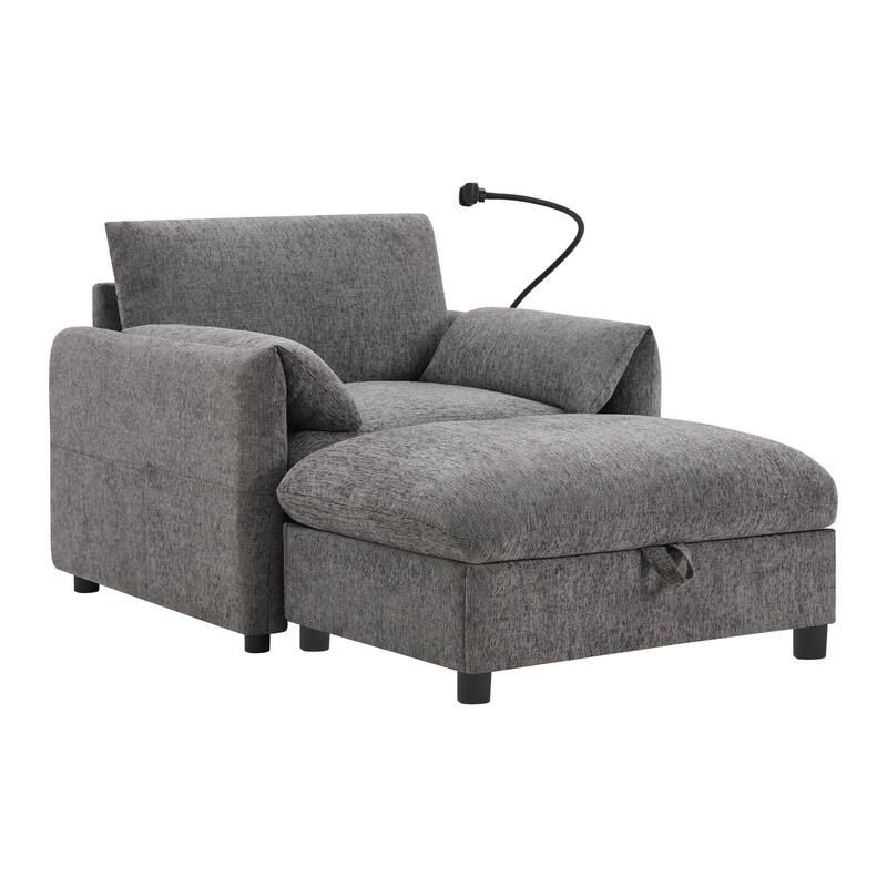 Single Sofa Chair and Storage Ottoman Sets, Chenille Accent Chair Wide Seat Chaise Lounge Couch with Phone Holder & USB Chargers