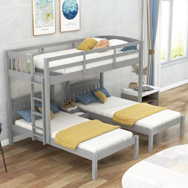 slide 2 of 9, Triple Twin Bunk Bed with Full-Length Guardrail and Built-in Storage Drawer Twin over Twin & Twin - Gray