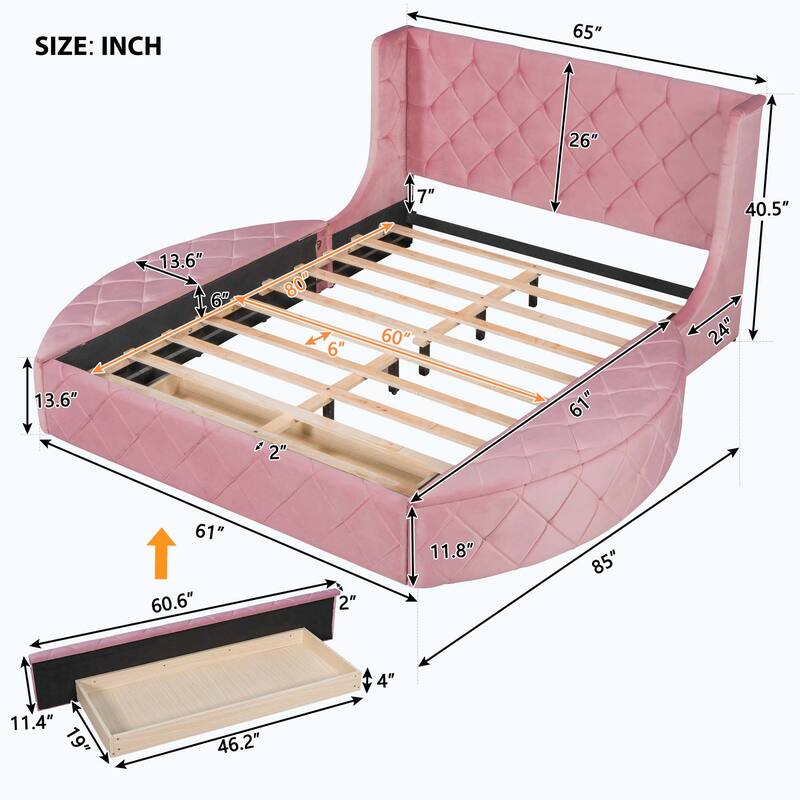 Queen Size Upholstered Platform Bed with Wingback Headboard and 1 Big Drawer,2 Side Storage Stool