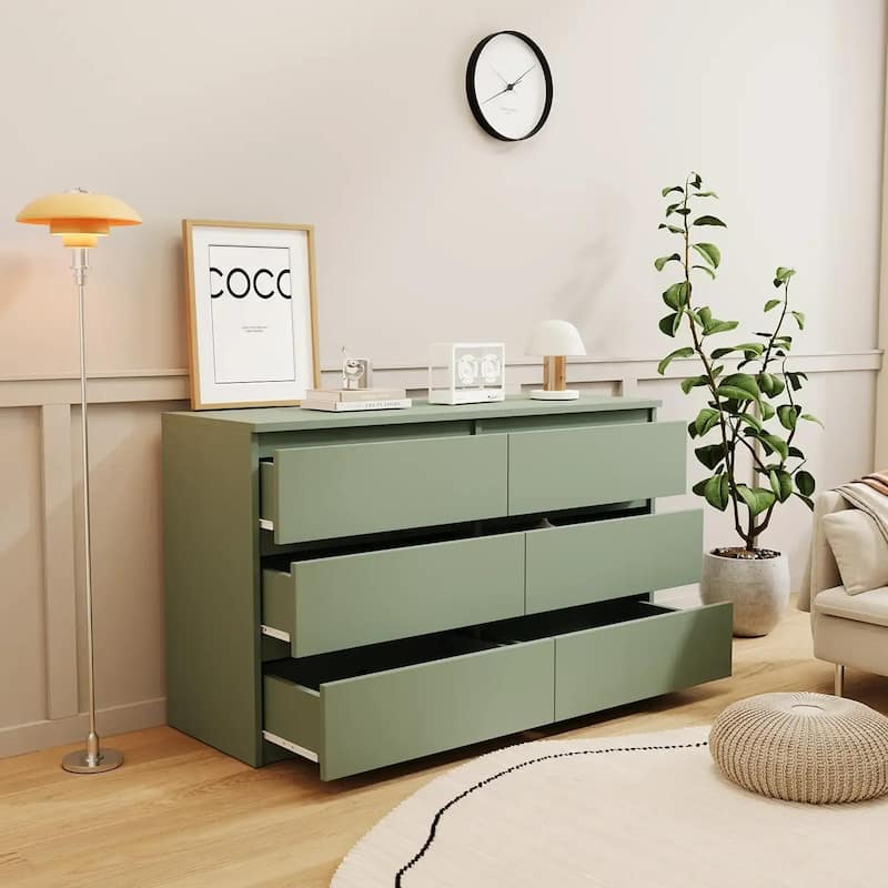 6 drawer 47.25 in. Wide Dresser Wood Double Dresser Large Storage Tower Unit Chest of Drawers TV Stand Dresser