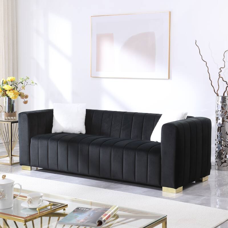 Black Velvet Channel Tufted 3-seater Sofa with Pillows