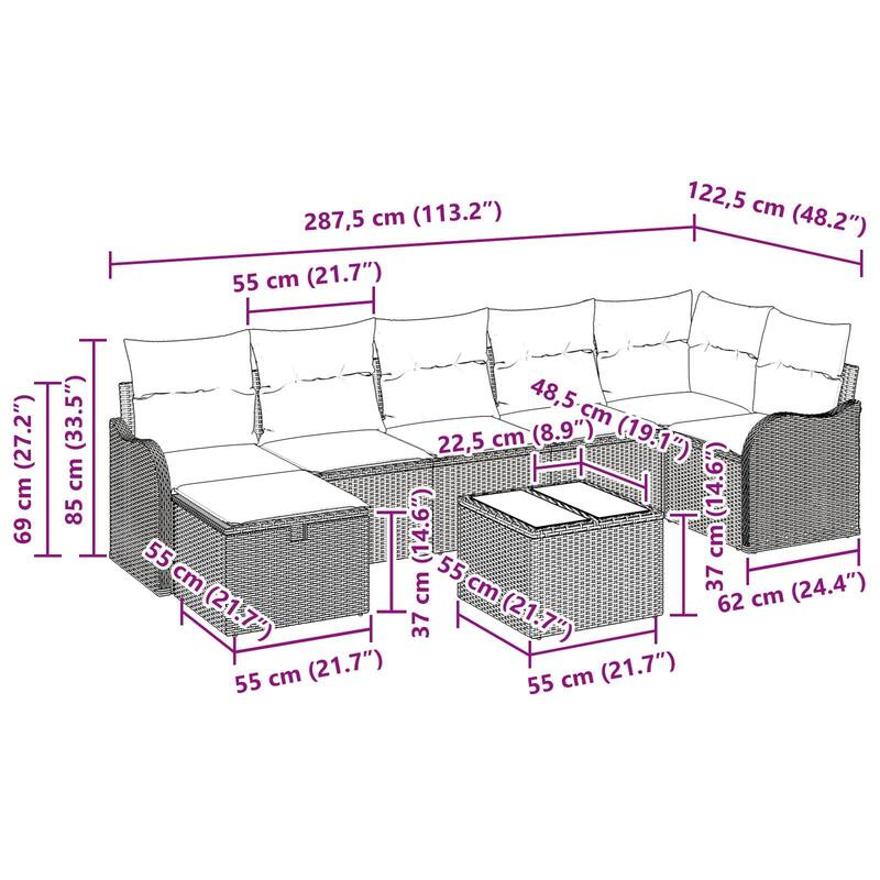 vidaXL 7/8 Garden Sofa Set with Cushions Black/Brown/Grey Poly Rattan - 113.2 x 48.2 x 27.2
