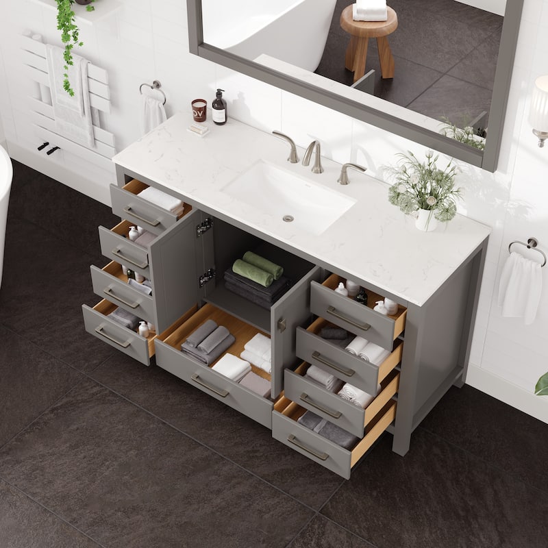 Eviva Aberdeen 60"W x 22"D Bathroom Vanity with White Carrara Quartz Countertop and Undermount Porcelain Sink