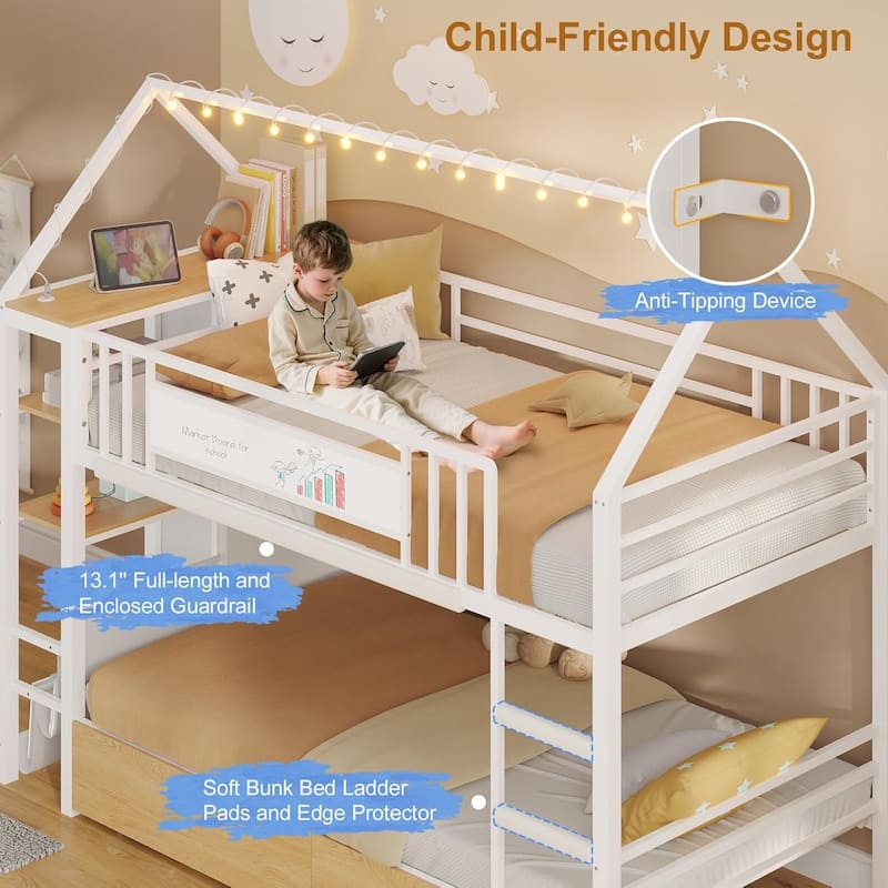 House Low Loft Bed Twin Size Storage Drawers Bookcase LED Lights