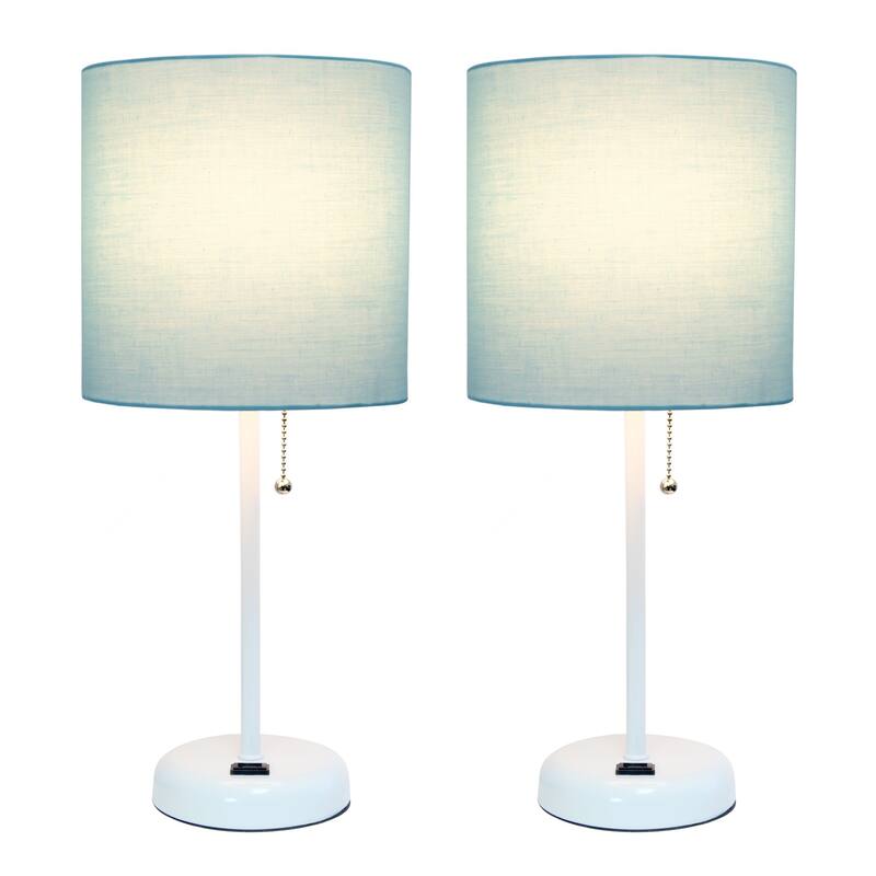 Stick Table Lamps with Drum Shade - 19.5" - White and Aqua Blue - Set of 2