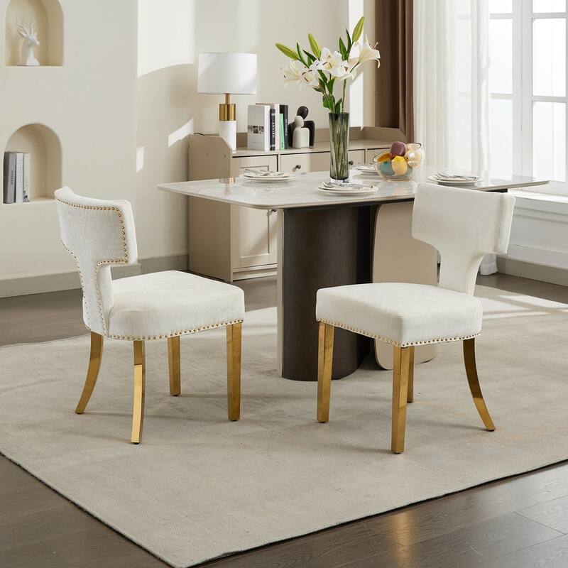 GDF Studio - Mid-Century Chenille Upholstered Dining Chairs with Curved Back & Golden Stainless Steel Legs, Set of 2