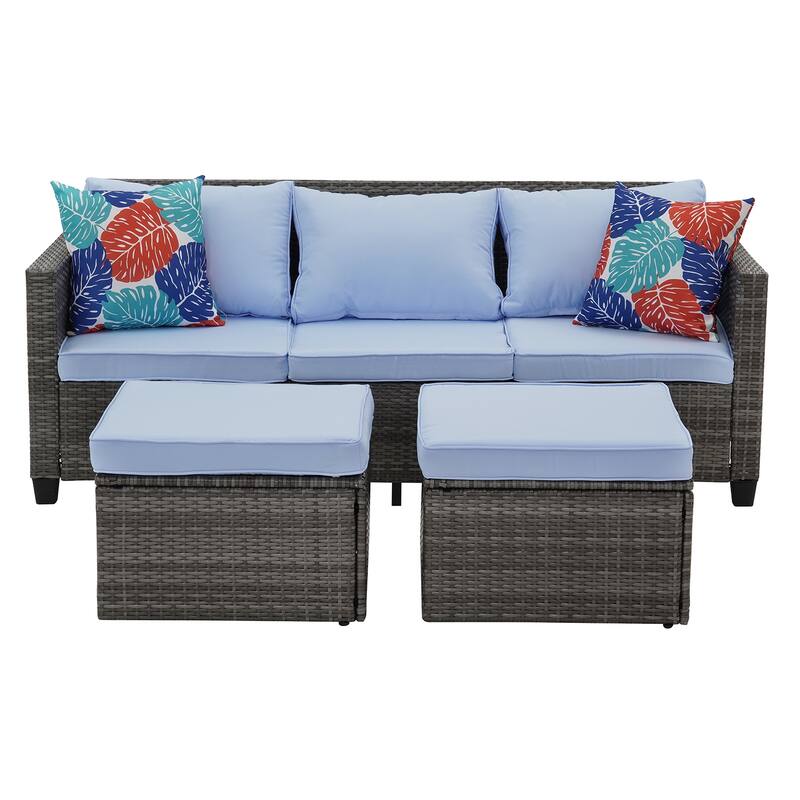 3-Piece Outdoor Furniture Set All-Weather Wicker Patio Sofa with Cushions for Conversations - Light Blue