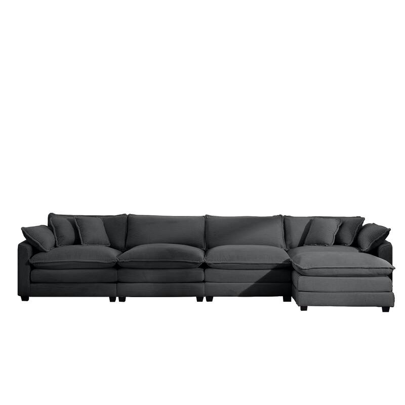 Comfortable 4-Seat Sectional Sofa with High-Resilience Foam & Matching Footstool - Corduroy Upholstery