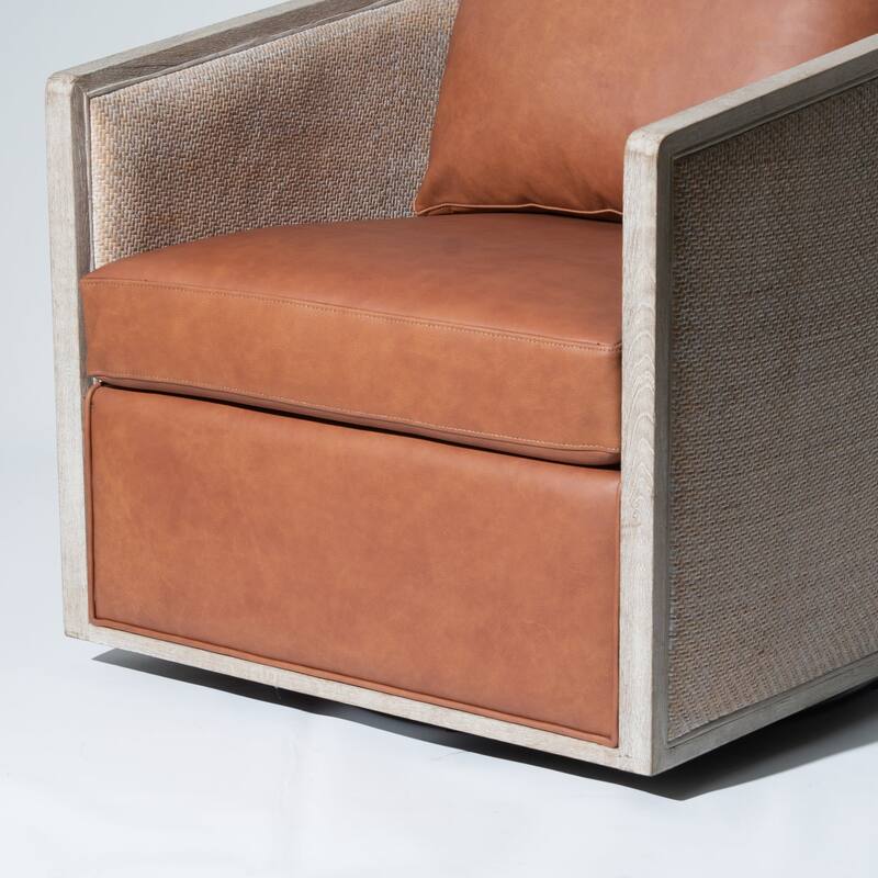 KINWELL 31"W Oak Frame Upholstered Swivel Barrel Armchair