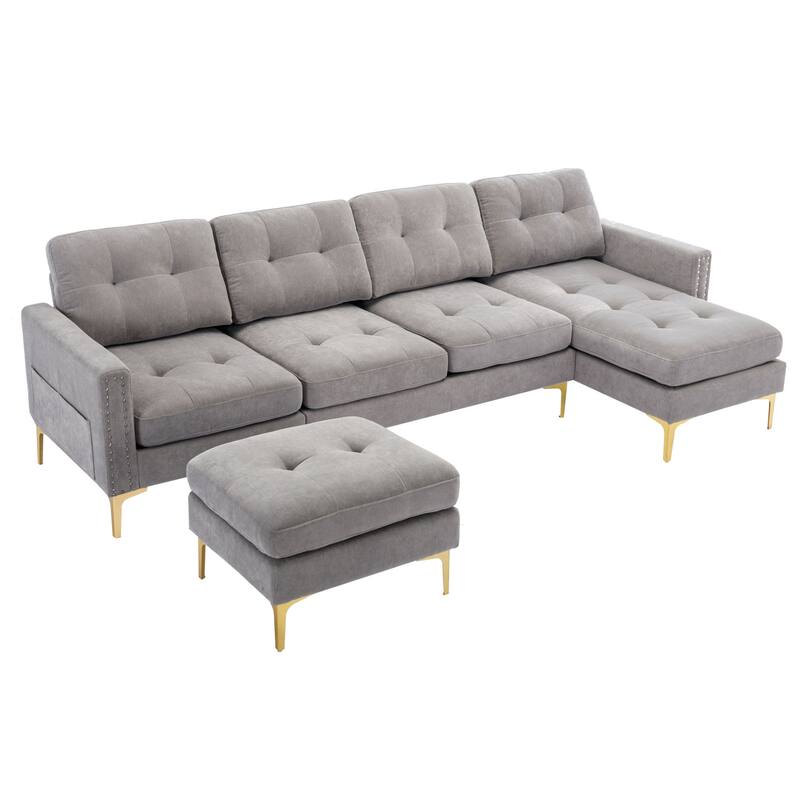 Convertible L-Shaped Velvet Sectional Sofa with Movable Ottoman and Gold Metal Legs for Living Room