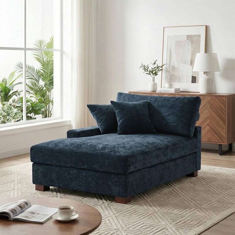 40.8"W Modern Chenille Upholstered Chaise Lounge with Pillow - Lfet Facing - Blue