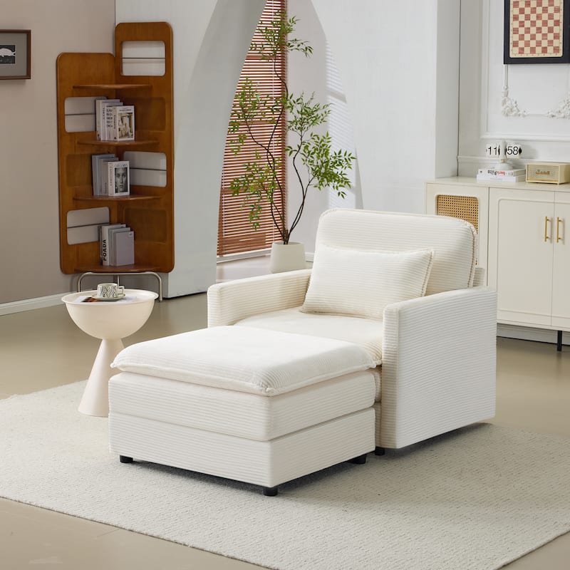 Plush Single Sofa Armchair & Ottoman Set of 2, Corduroy Chaise Lounge with Pillows - Compact Size for Living Room, Bedroom - Beige