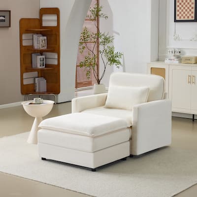 Plush Single Sofa Armchair & Ottoman Set of 2, Corduroy Chaise Lounge with Pillows - Compact Size for Living Room, Bedroom