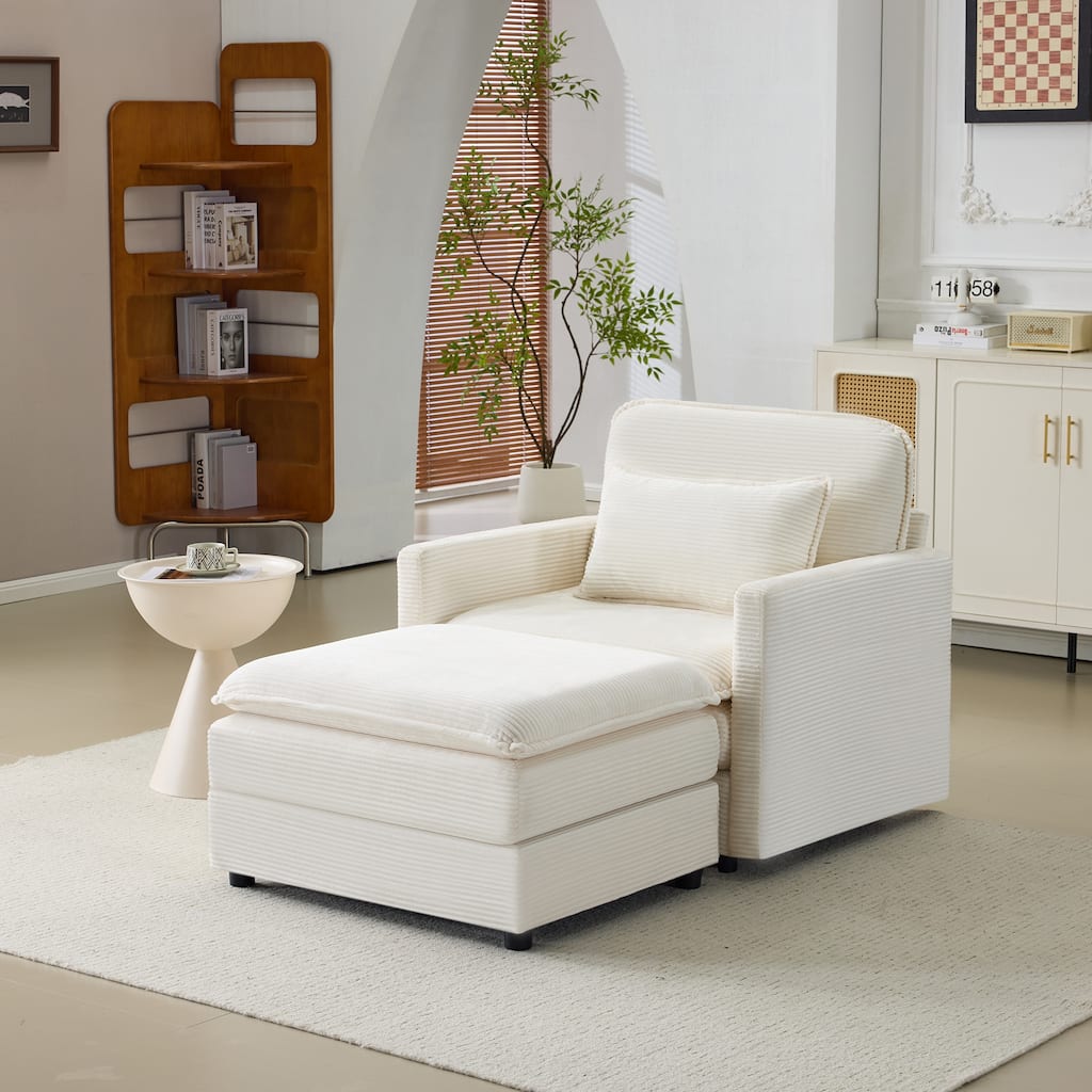 Plush Single Sofa Armchair & Ottoman Set of 2, Corduroy Chaise Lounge with Pillows - Compact Size for Living Room, Bedroom