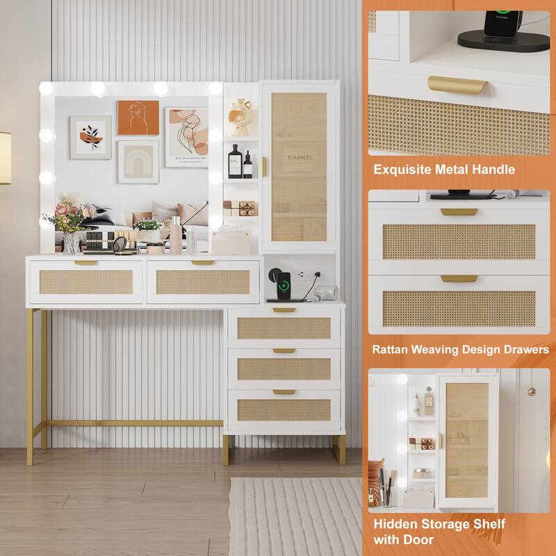 Vanity Mirror with Lights and Table, Rattan