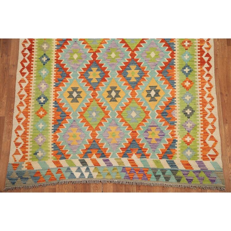 Hand Woven Oriental 100% Wool Carpet Southwestern Geometric Multi-Colored Kilim Area Rug - 6' 4'' X 5' 2''