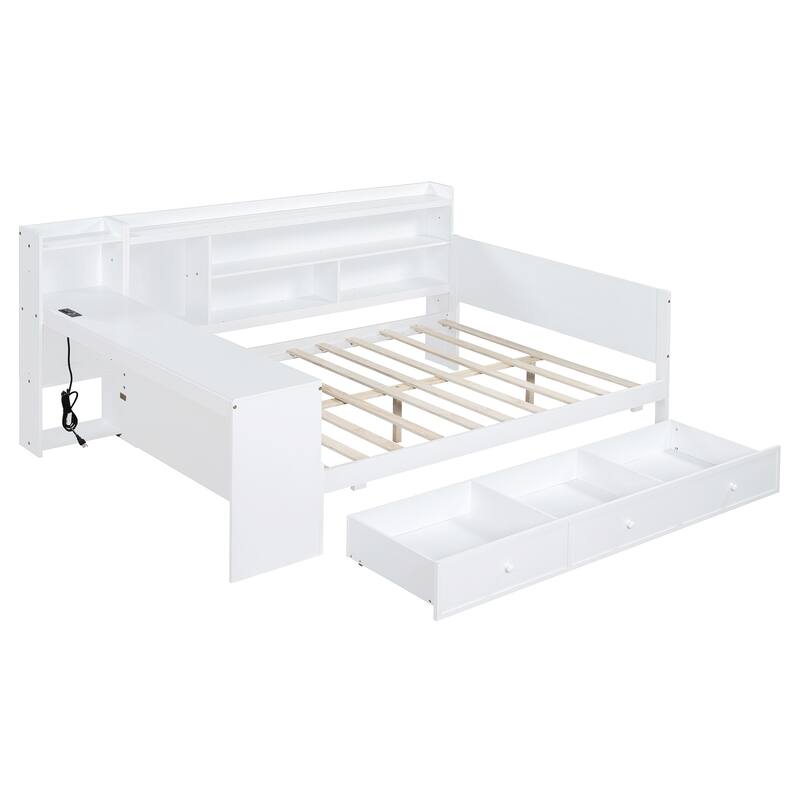 Full Size Wooden Daybed with Drawers, USB Ports, and Desk