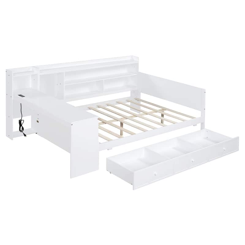 White Full Size Wooden Daybed with Three Drawers, USB Ports, and Desk