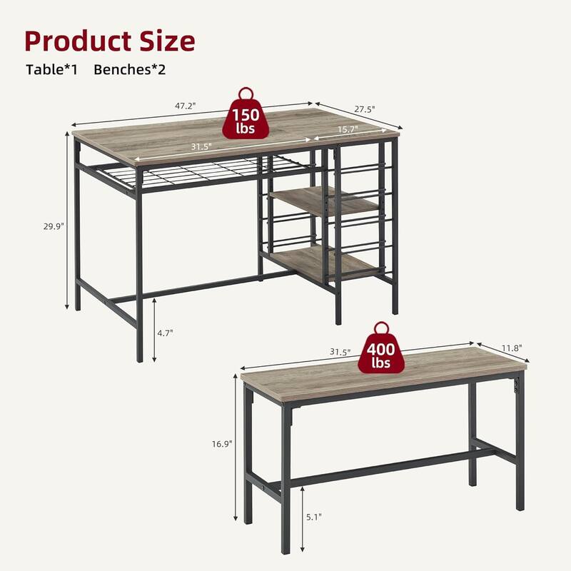Dining Table Set with 2 Benches and Storage Shelf, Rectangular Table for Small Dining Area or Apartment