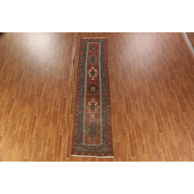 Hand Knotted Oriental 100% Wool Carpet Traditional Geometric Oranges & Rust Heriz (serapi) Runner Rug - 12' 7'' X 2' 10''