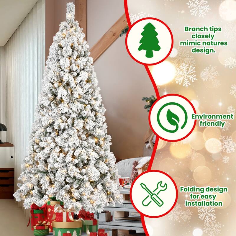 Pre-Lit Flocked Christmas Tree - Warm White LED Lights, Snowy Branches, Hinged Design, Metal Stand - Green,White