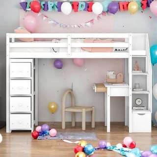 Modern Twin Size Loft Bed With 4 Storage Drawers,Desk,Shelves and Stairs,Solid Construction