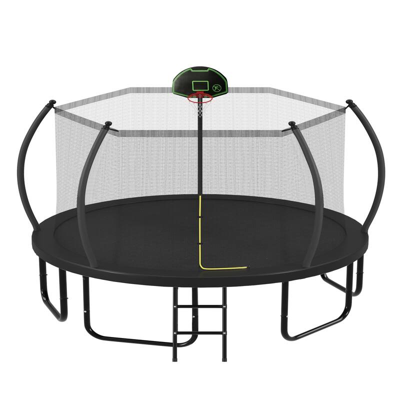 14FT Trampoline with Basketball Hoop for Kids and Adults, Round Outdoor Trampoline with Enclosure Net & Curved Poles
