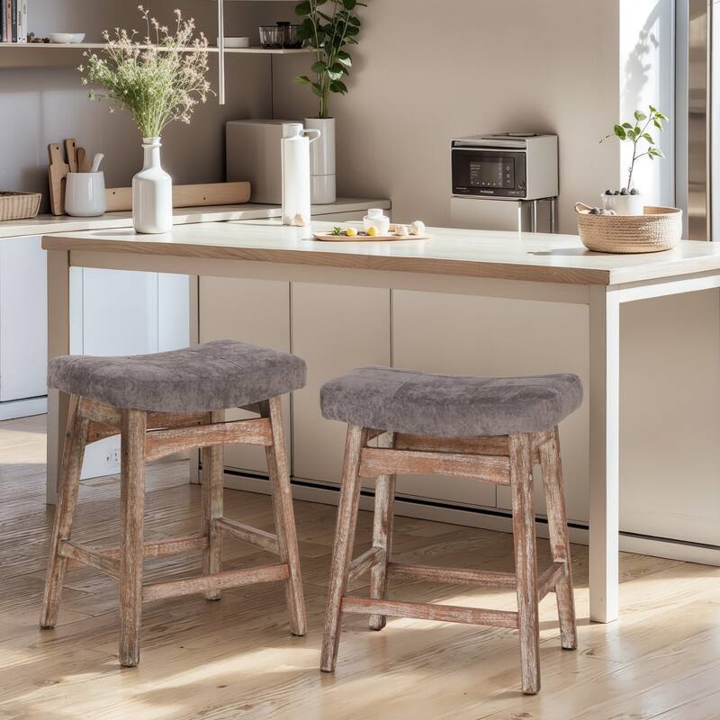 24 Inch Solid Wood Barstools with Linen / PU Leather Fabric Cushion, Set of 2 - Beige Grey Linen Cushion