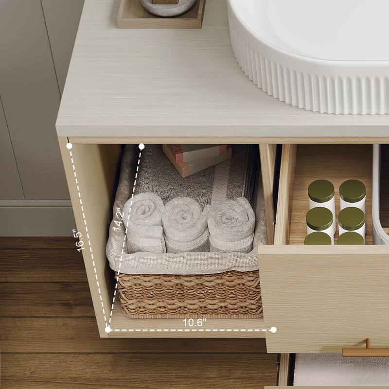 39.3"Wall-Mounted Bathroom Vanity with Oval Ceramic Sink,Floating Multi-Layer Cabinet Soft-Close Drawers Open Shelf Storage