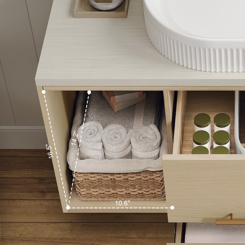 GDFStudio - Modern 39.3" Wall-Mounted Bathroom Vanity with Oval Ceramic Sink, Soft-Close Drawers & Open Shelf Storage