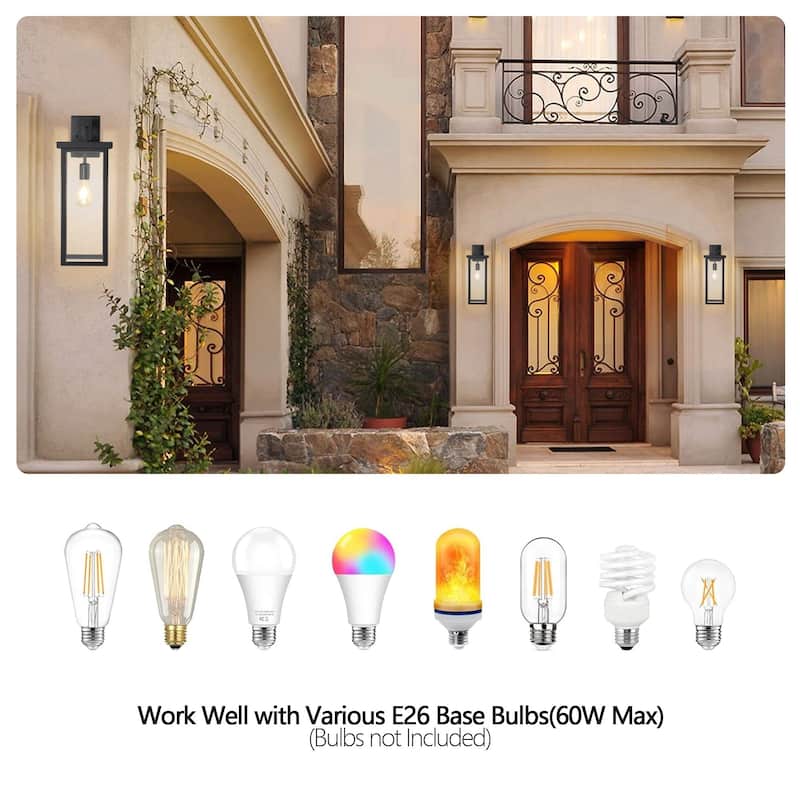 20"(H) Set of 2 Outdoor Wall Lanterns with Black Metal Frame and Clear Glass, Weatherproof Wall Sconces, E26 Bulb(No Bulbs)