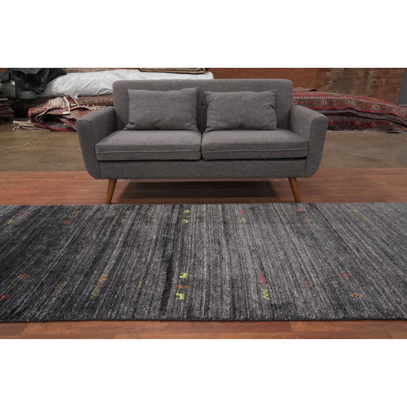Hand Knotted Oriental Viscose Silk Carpet Tribal Animal Pictorial Greys & Charcoal Gabbeh Runner Rug - 11' 9'' X 4' 1''