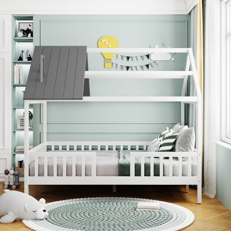 Platform Bed for Kids, Wooden House Shaped Bedframe with Fence & Roof - White+Gray - Full