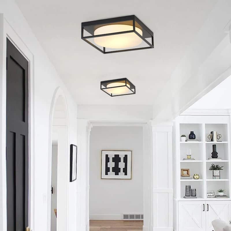 Farmhouse Square Metal Frame Flush Mount Ceiling Light with White Glass Shade