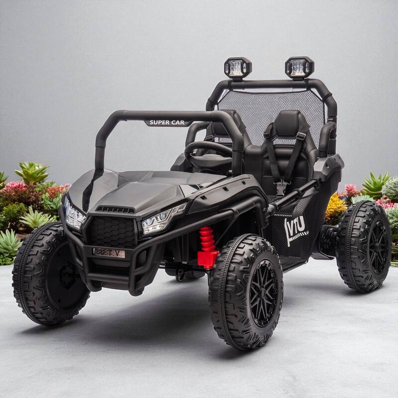 24V Two-Seater Kids Ride-On UTV with Remote Control, 400W Power, Four-Wheel Suspension, LED Lights, Bluetooth, and MP3 - Black