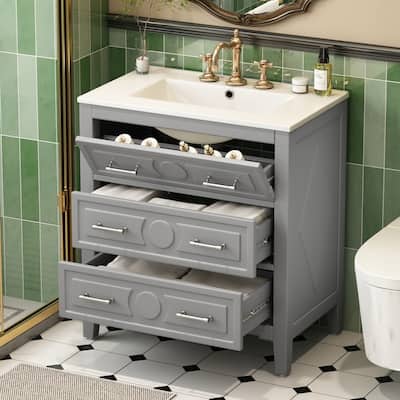 30" Bathroom Vanity with Ceramic Sink, 3 Drawers